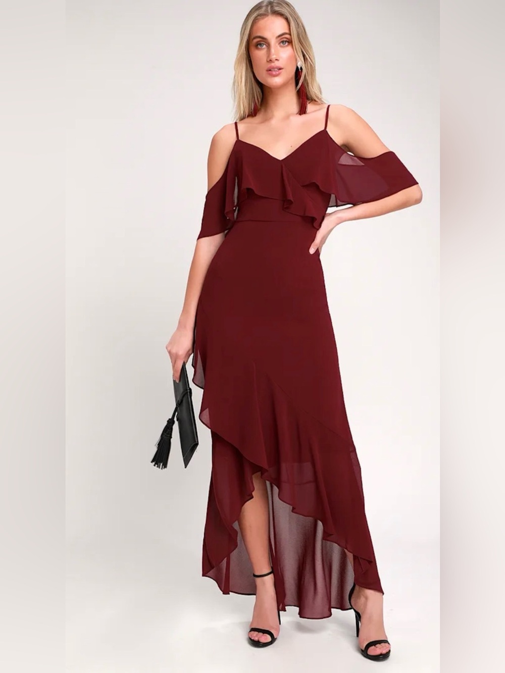 Lulus Caden Burgundy Off-the-Shoulder Ruffled Maxi Dress size L